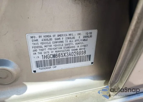 2003 Honda Accord 3.0 Ex z USA, uszkodzony, nr VIN 1HGCM665X3A029898